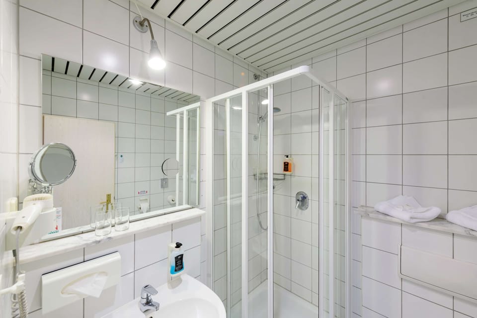 Shower, hair dryer, towels