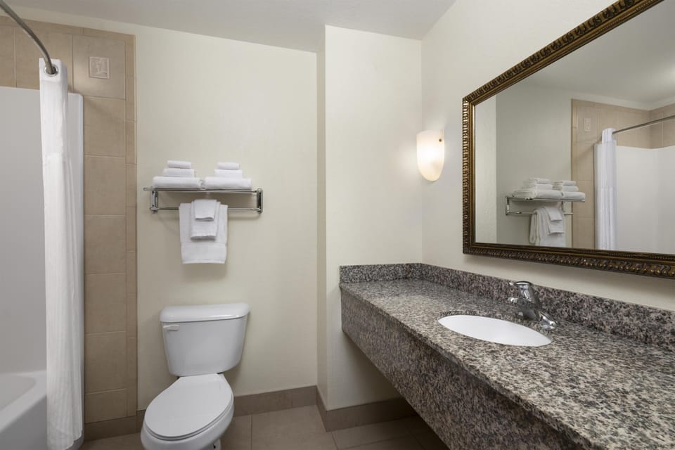 Combined shower/tub, free toiletries, hair dryer, towels