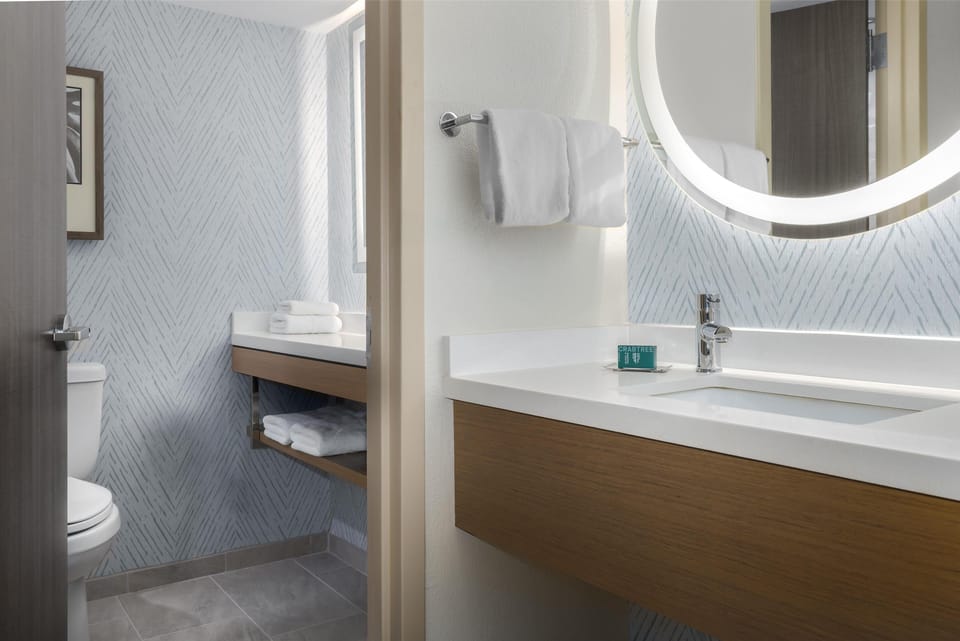 Combined shower/tub, free toiletries, hair dryer, towels