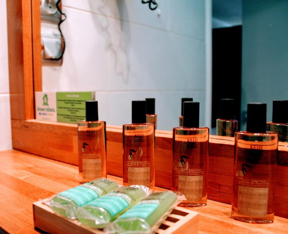 Hydromassage showerhead, hair dryer, towels, soap