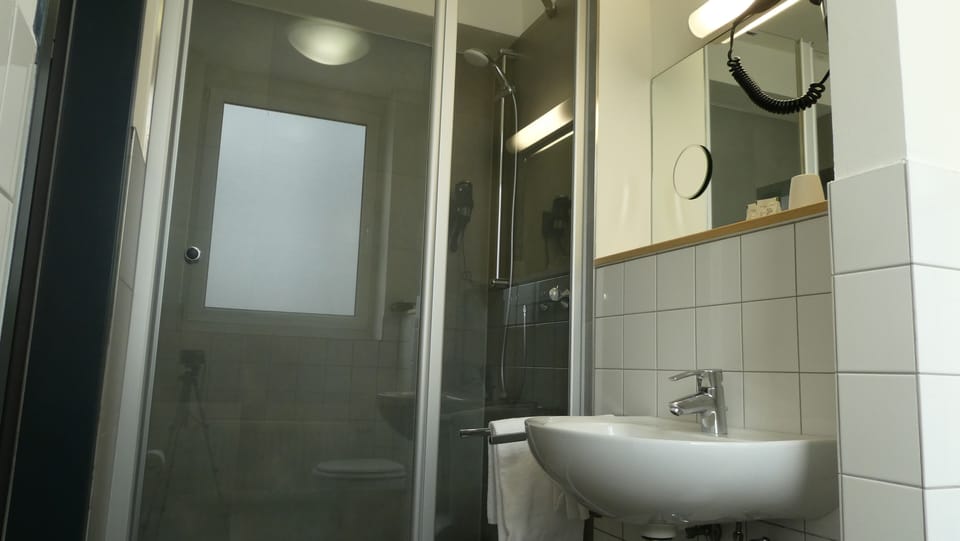 Shower, free toiletries, hair dryer, towels