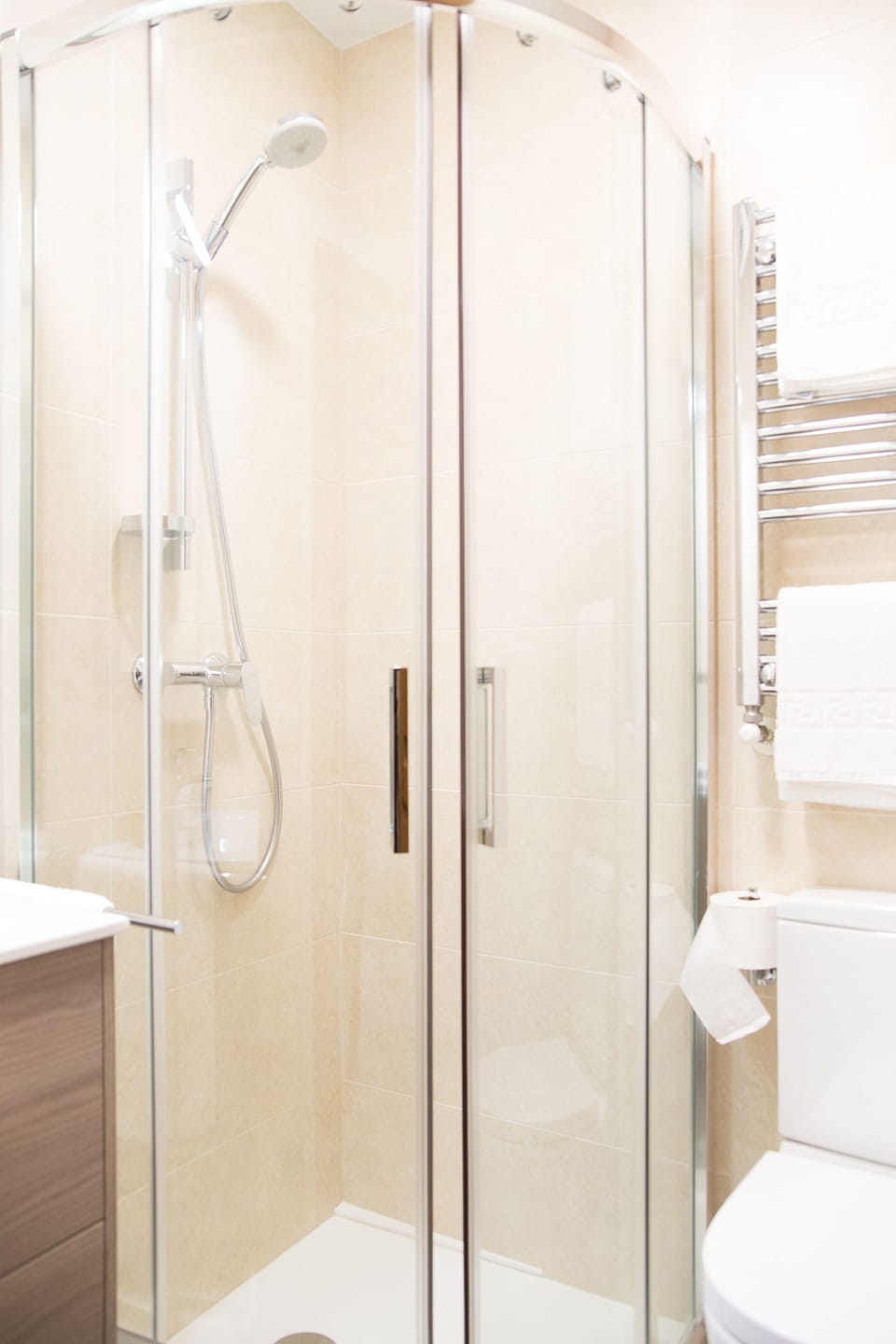 Shower, free toiletries, hair dryer, towels