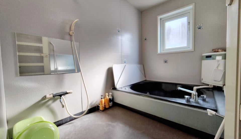 Separate tub and shower, hair dryer, slippers, towels