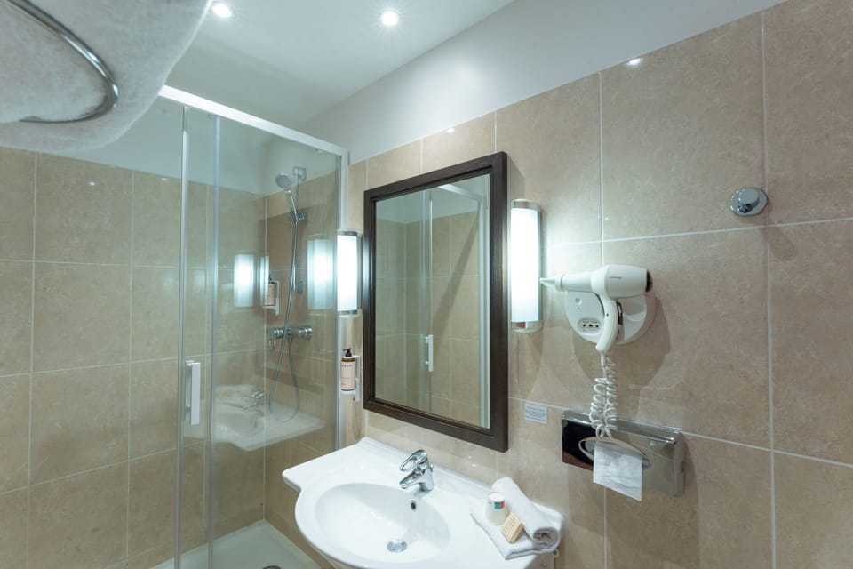 Eco-friendly toiletries, hair dryer, towels