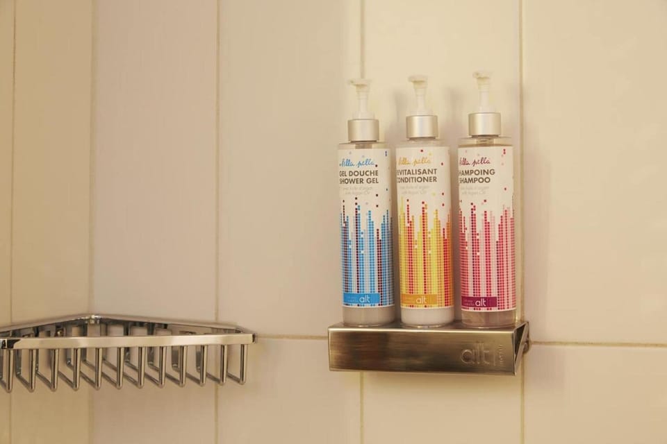 Shower, free toiletries, hair dryer, towels
