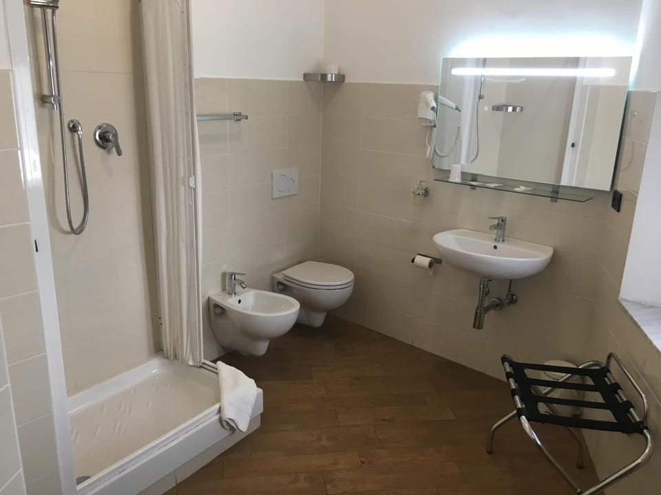 Shower, free toiletries, hair dryer, bidet