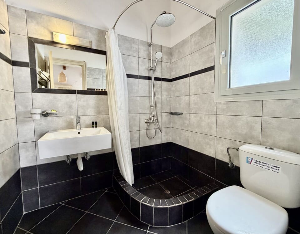 Studio Sea View | Bathroom | Shower, hydromassage showerhead, free toiletries, hair dryer