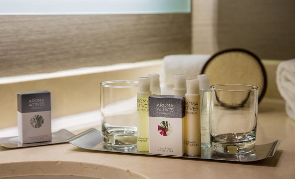 Combined shower/tub, free toiletries, hair dryer, towels