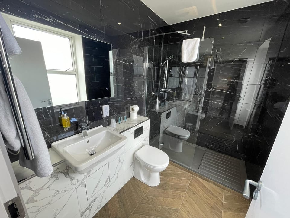 Combined shower/tub, free toiletries, hair dryer, towels