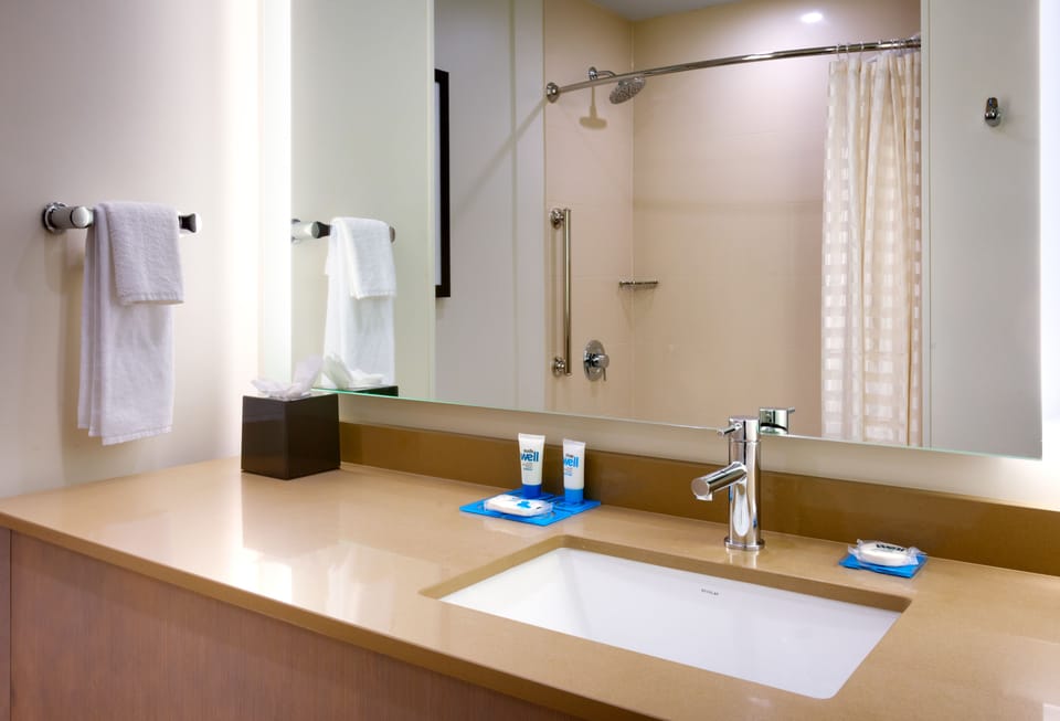 Designer toiletries, hair dryer, towels