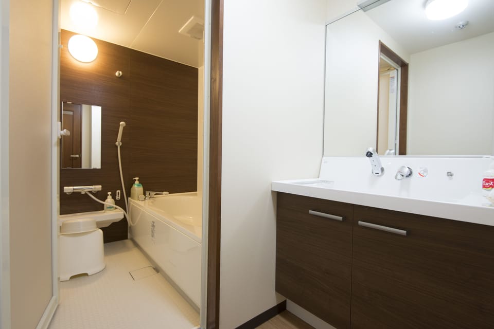 Combined shower/tub, hair dryer, slippers, bidet