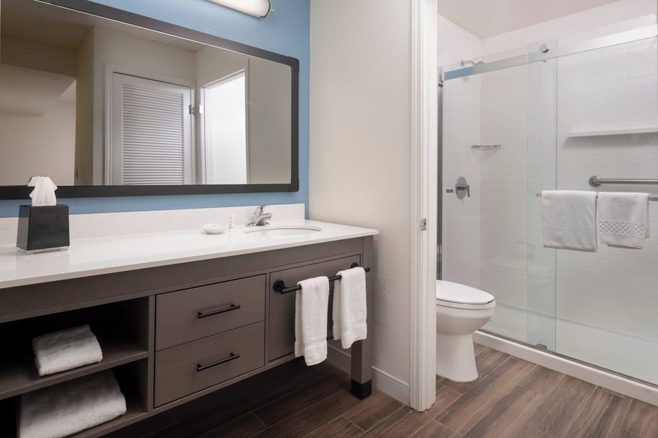 Combined shower/tub, free toiletries, hair dryer, towels