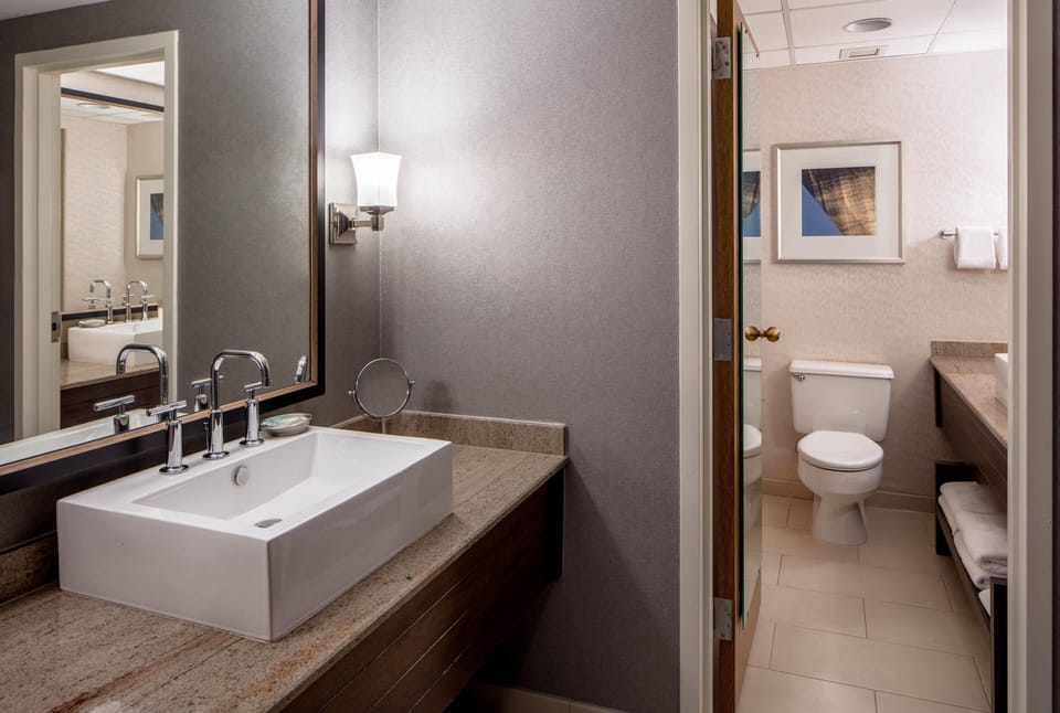 Eco-friendly toiletries, hair dryer, towels