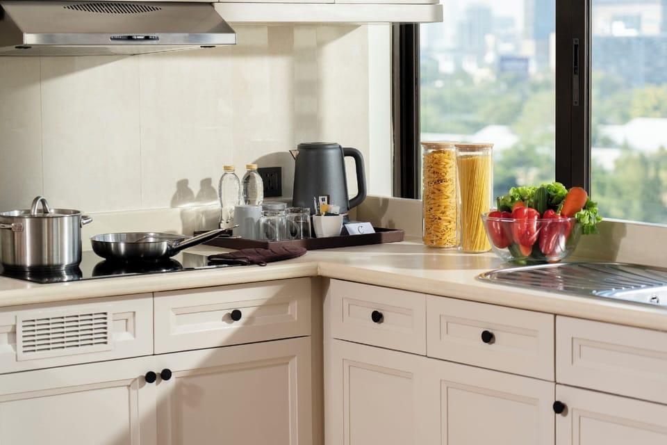 Full-size fridge, microwave, electric kettle