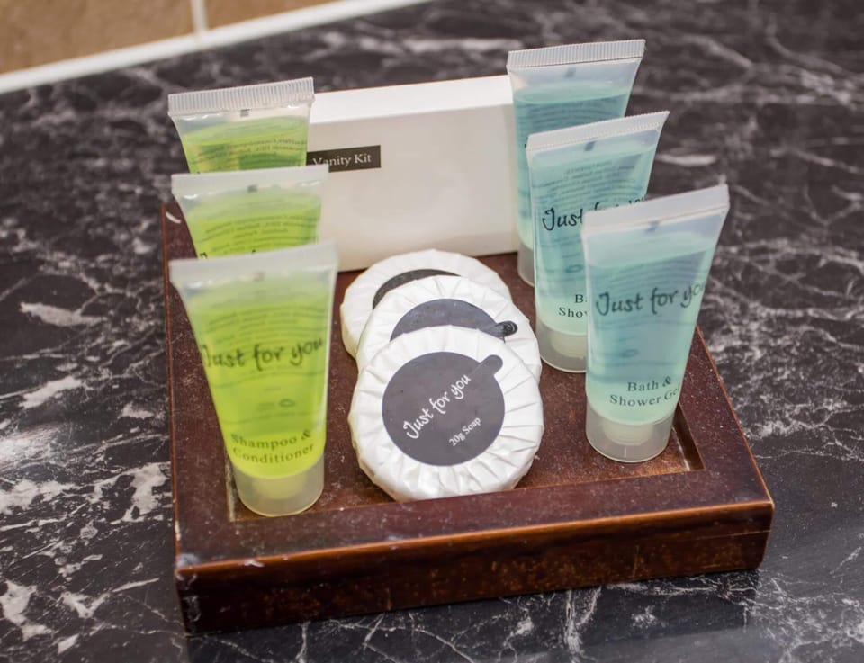 Shower, free toiletries, hair dryer, towels