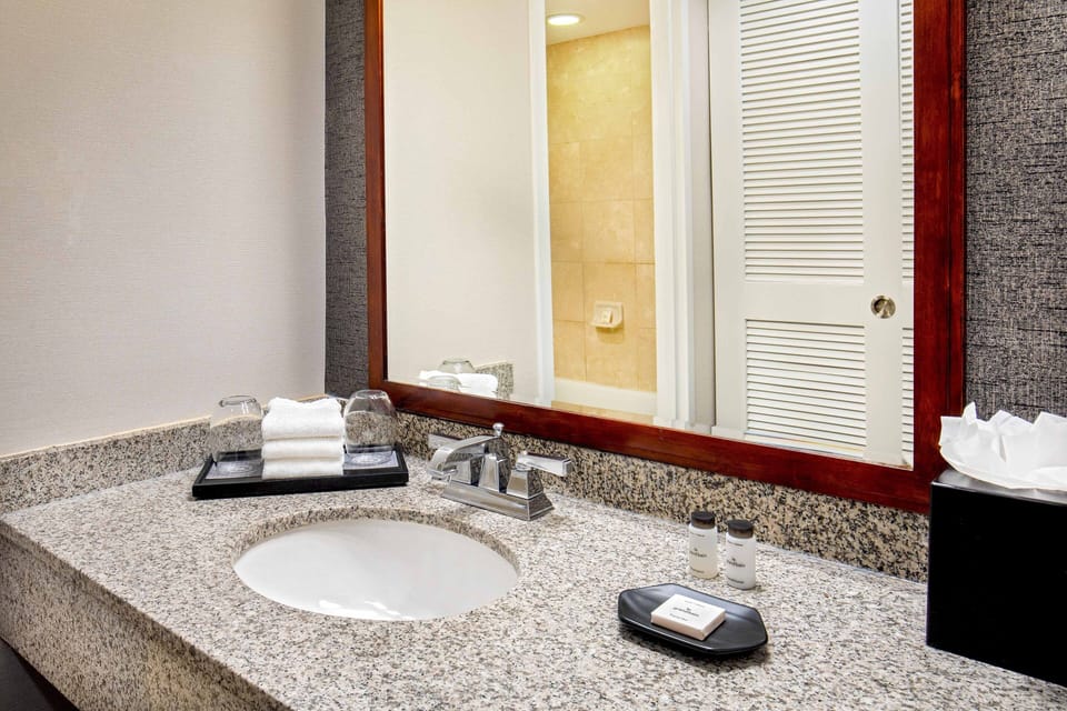 Combined shower/tub, free toiletries, hair dryer, towels