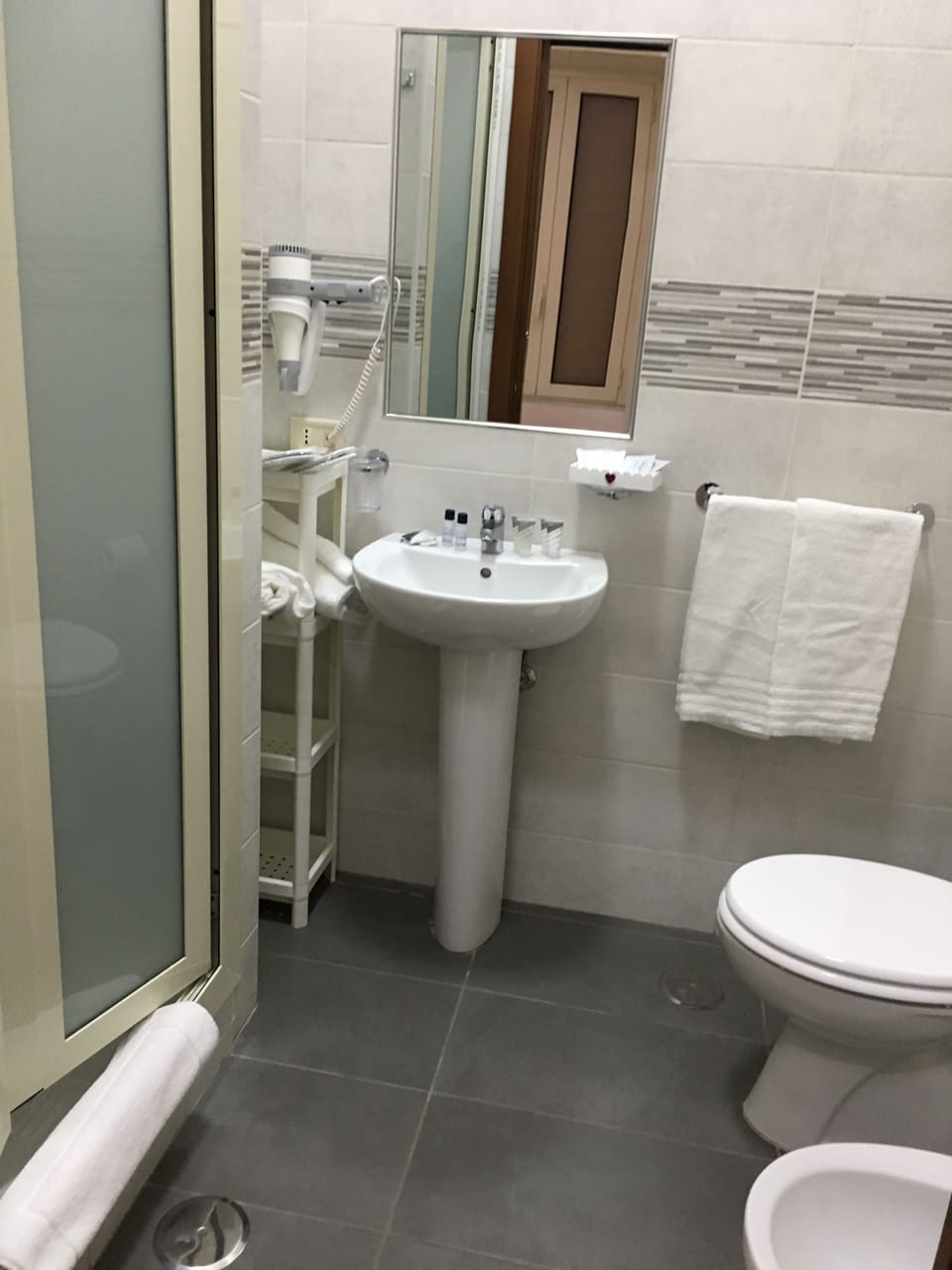 Shower, hair dryer, slippers, bidet