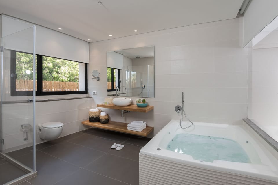 Studio Suite | Bathroom | Hair dryer, bathrobes, towels, soap
