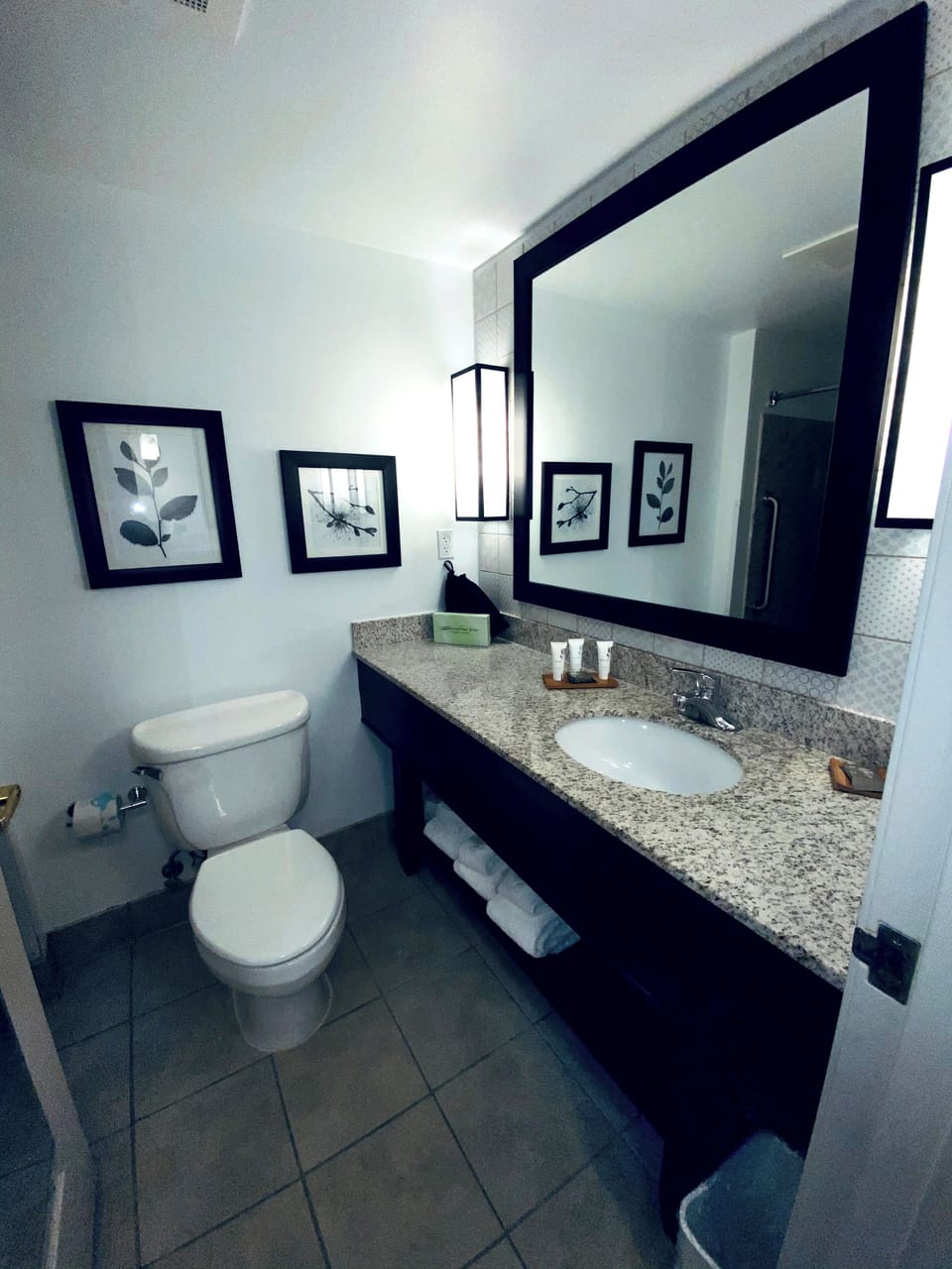 Combined shower/tub, rainfall showerhead, free toiletries, hair dryer