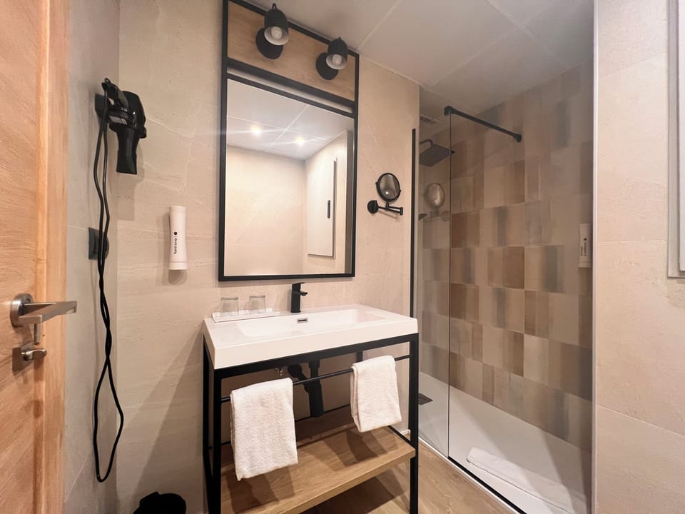 Combined shower/tub, hair dryer, bidet, towels