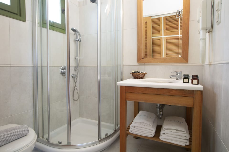 Shower, free toiletries, hair dryer, towels