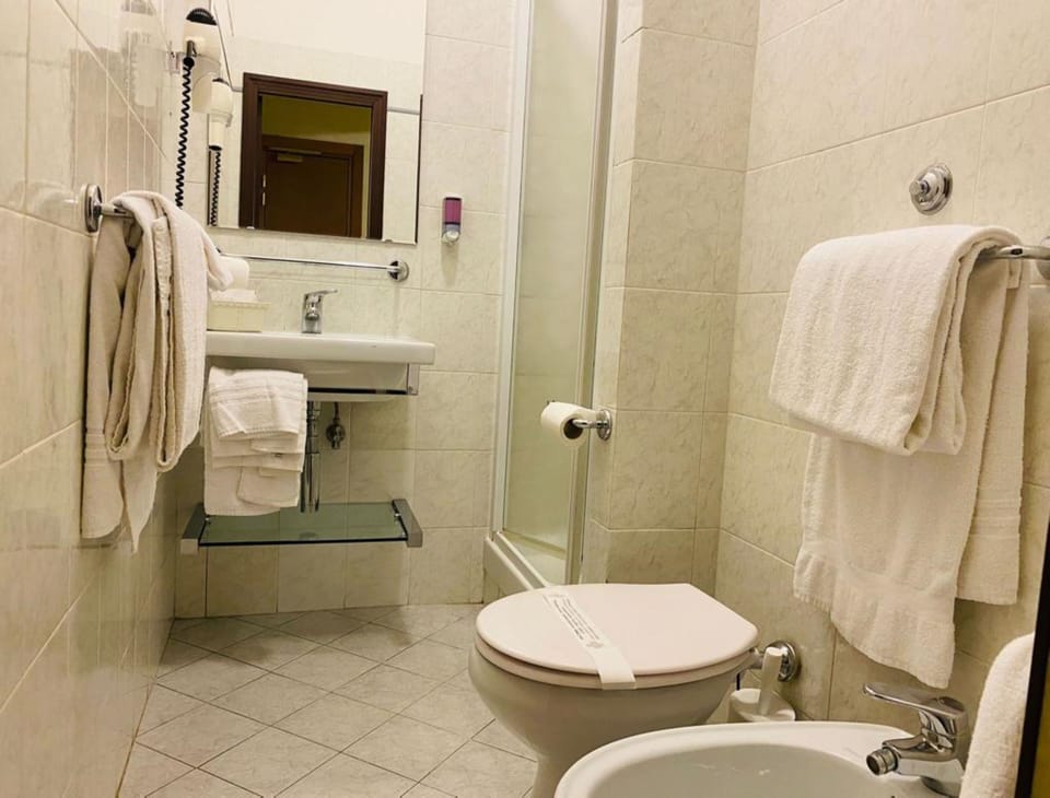 Shower, free toiletries, hair dryer, towels