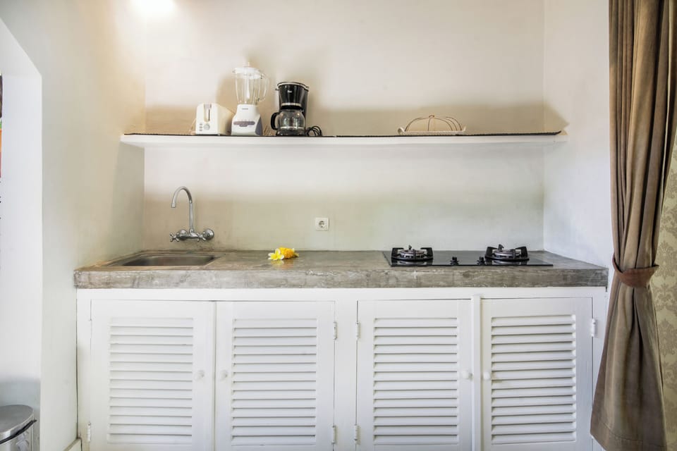 Full-size fridge, microwave, stovetop, coffee/tea maker