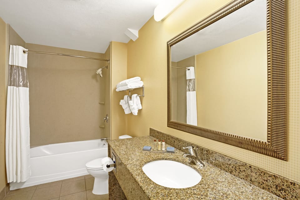 Combined shower/tub, free toiletries, hair dryer, towels