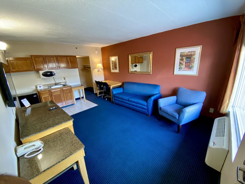 Deluxe Suite, 1 Bedroom | Living room | 43-inch LED TV with cable channels, TV