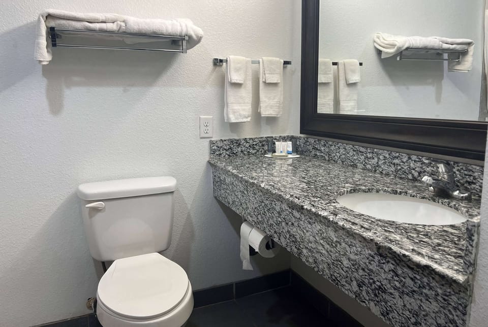 Combined shower/tub, free toiletries, hair dryer, towels