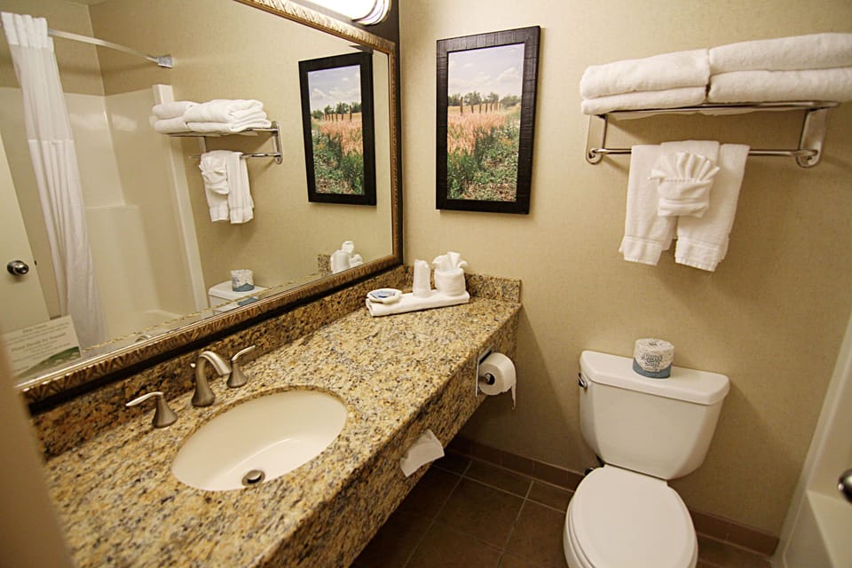 Combined shower/tub, designer toiletries, hair dryer, towels