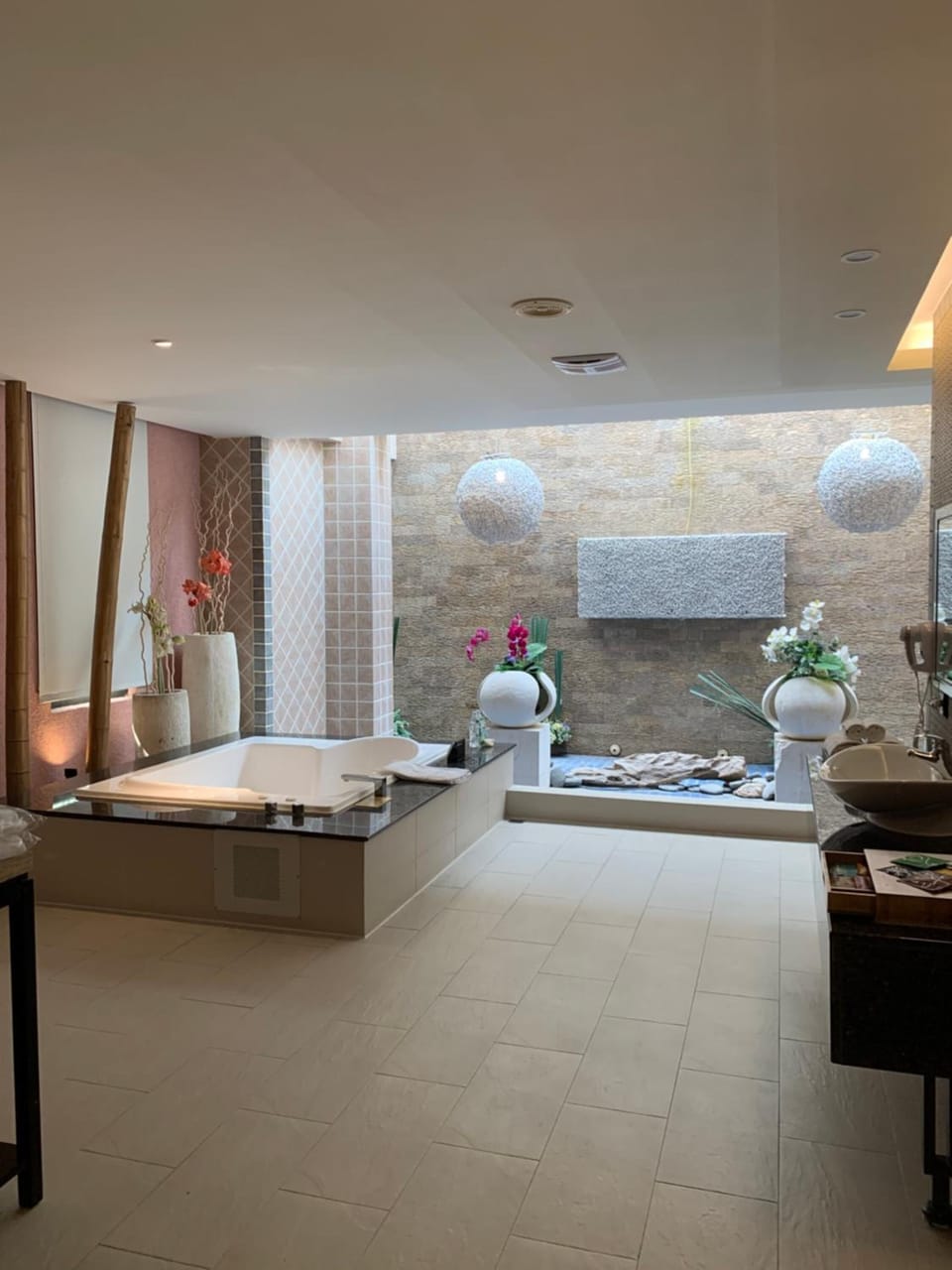 Combined shower/tub, jetted tub, free toiletries, hair dryer