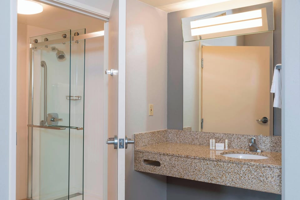 Combined shower/tub, free toiletries, hair dryer, towels