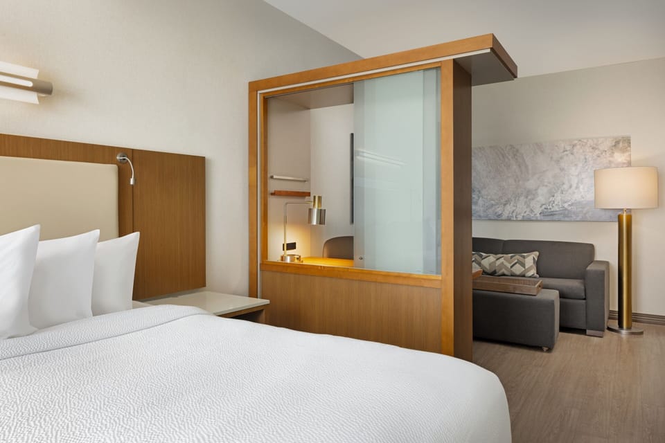 Hypo-allergenic bedding, desk, laptop workspace, blackout drapes