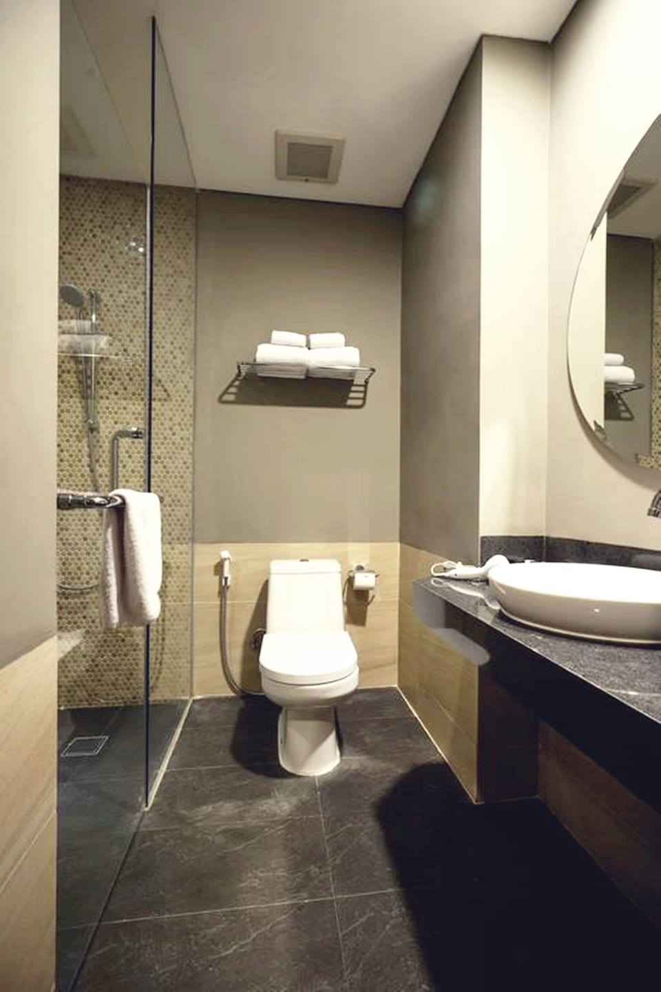 Shower, free toiletries, hair dryer, towels