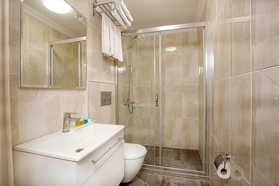 Shower, free toiletries, hair dryer, slippers
