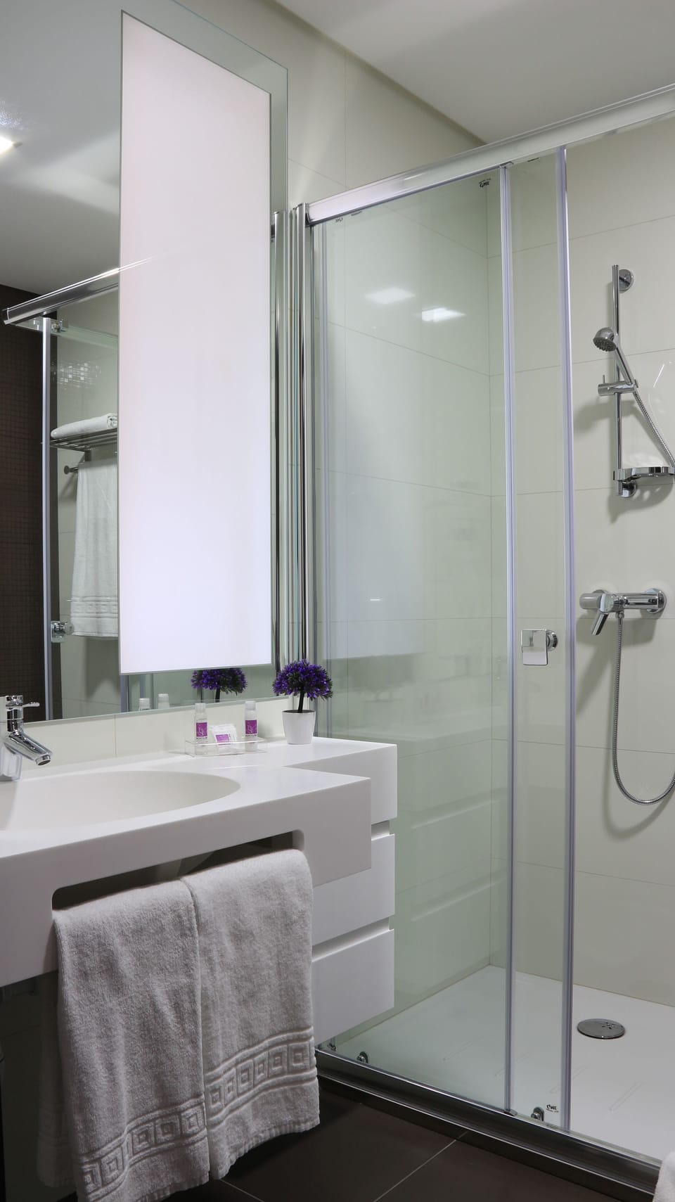 Shower, designer toiletries, hair dryer, bidet