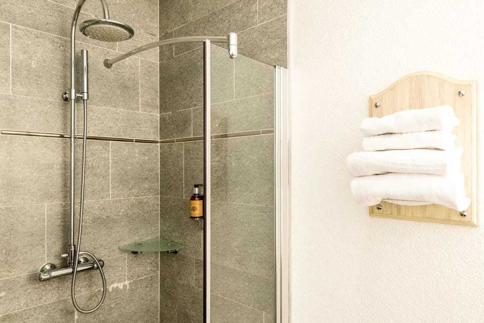 Hair dryer, towels, soap, shampoo