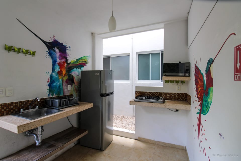 Full-size fridge, microwave