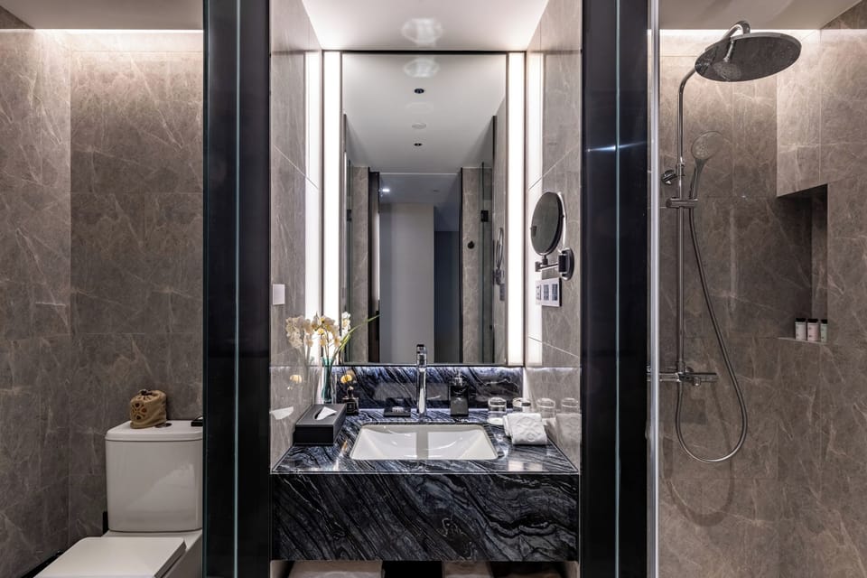 Deluxe King With View | Bathroom | Shower, free toiletries, bathrobes, slippers