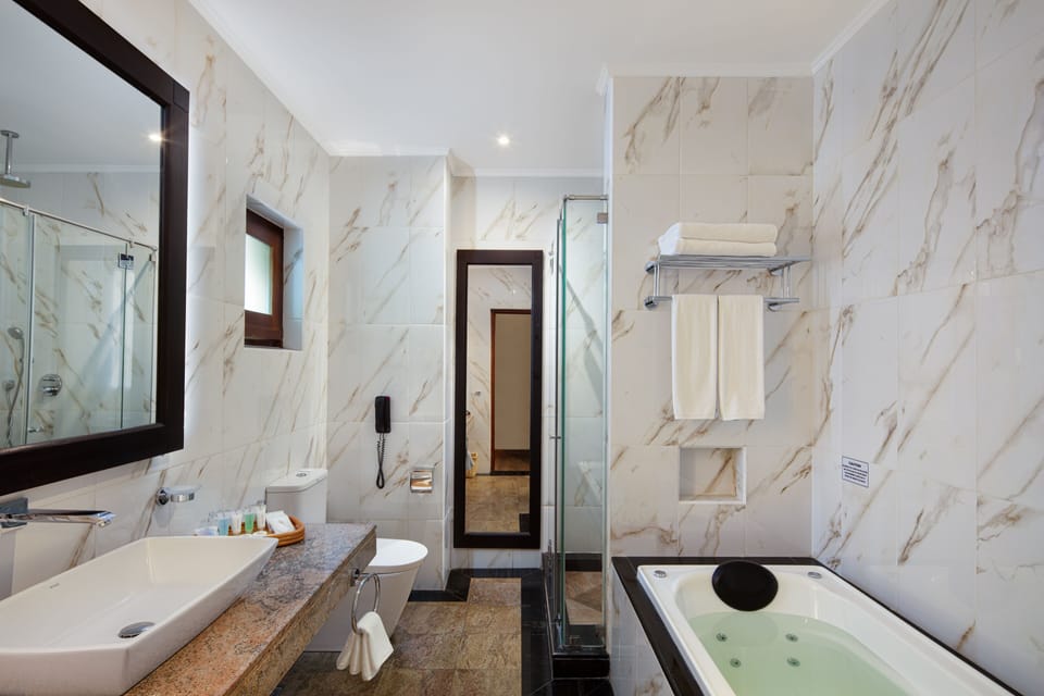 Separate tub and shower, rainfall showerhead, free toiletries