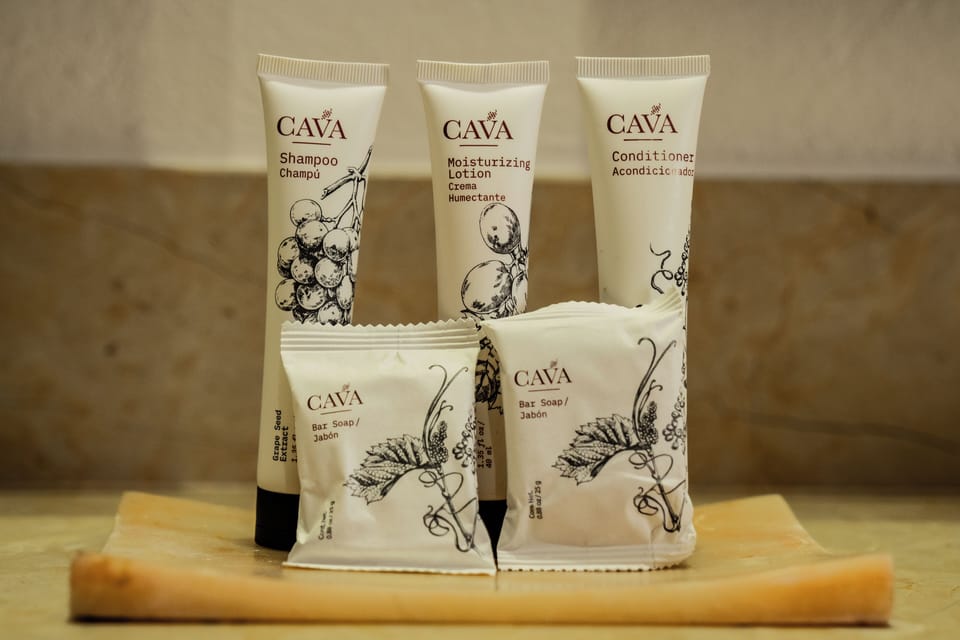 Hair dryer, towels, soap, shampoo