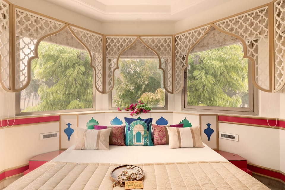 Mughal heritage room with 180 degree city view from Designer bed | Egyptian cotton sheets, premium bedding, memory foam beds, minibar