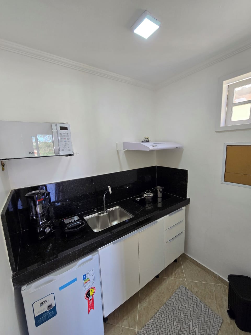 Mini-fridge, microwave, stovetop, blender