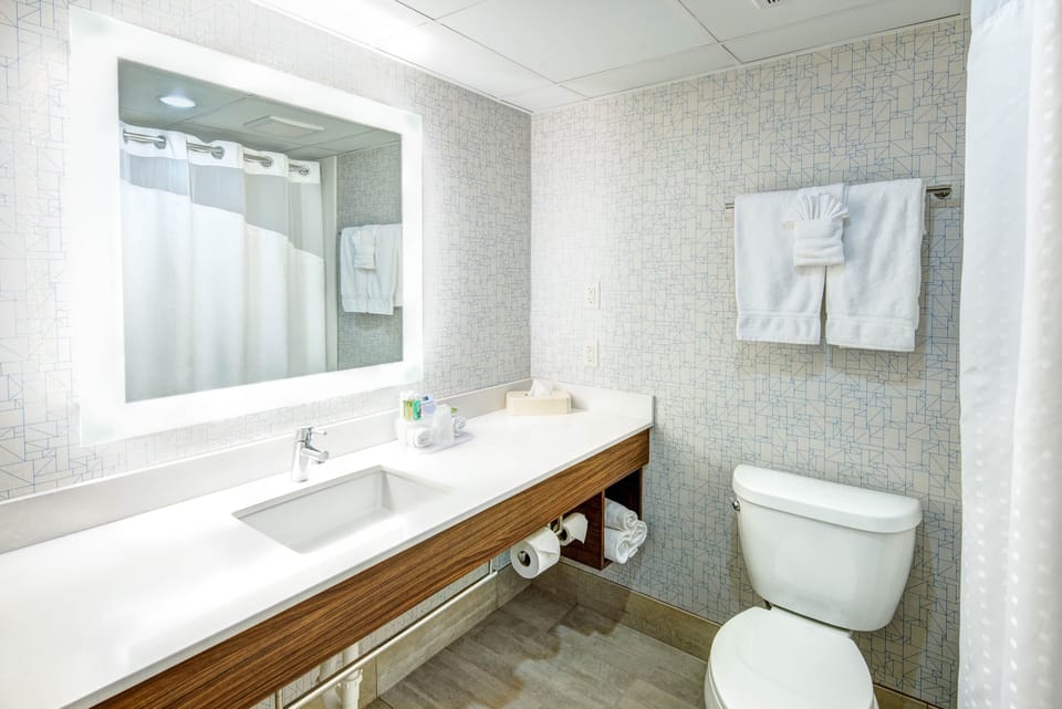 Combined shower/tub, free toiletries, hair dryer, towels