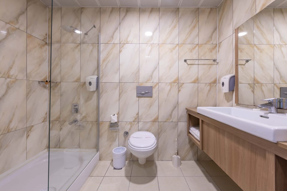Shower, free toiletries, hair dryer, slippers