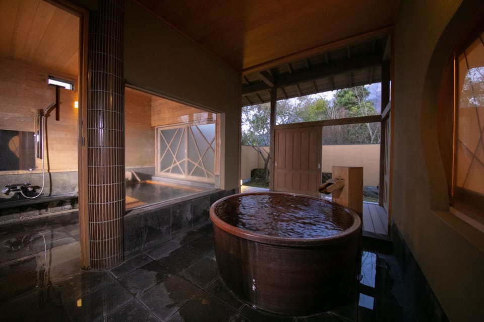 Detached room Karin, Non Smoking (Japanese Western with Exclusive hot spring) | Bathroom | Separate tub and shower, spring water tub, free toiletries, hair dryer