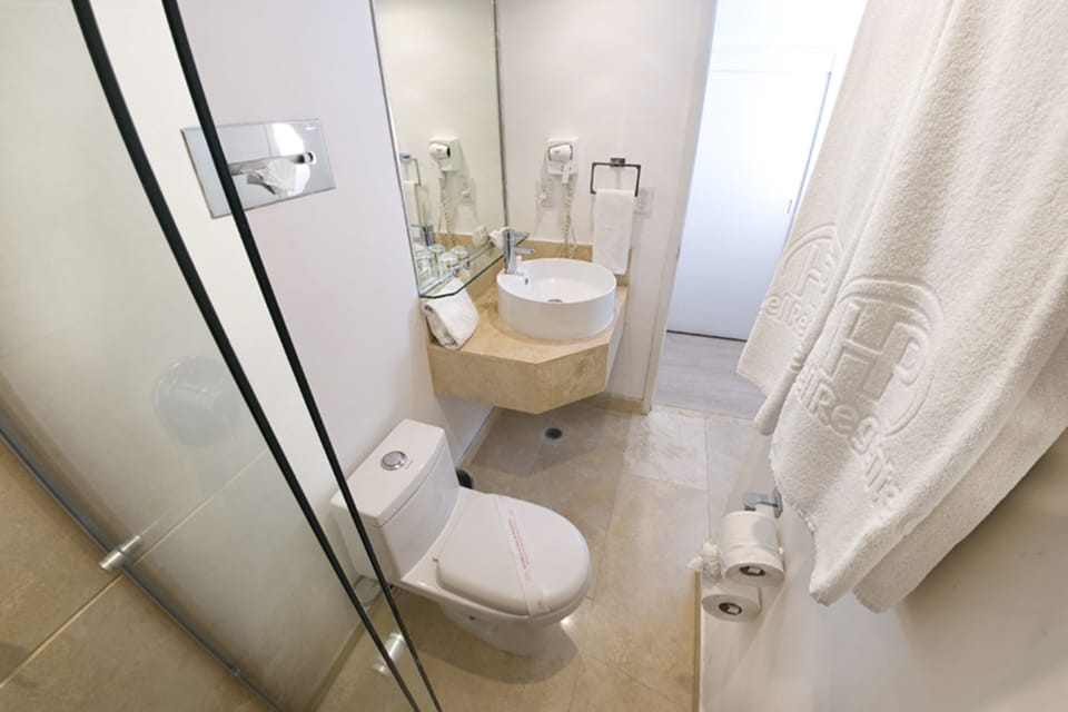 Shower, free toiletries, hair dryer, towels