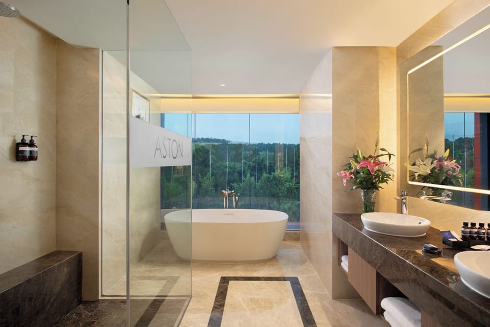 Shower, rainfall showerhead, free toiletries, hair dryer