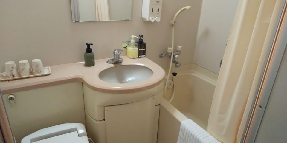 Combined shower/tub, free toiletries, hair dryer, slippers